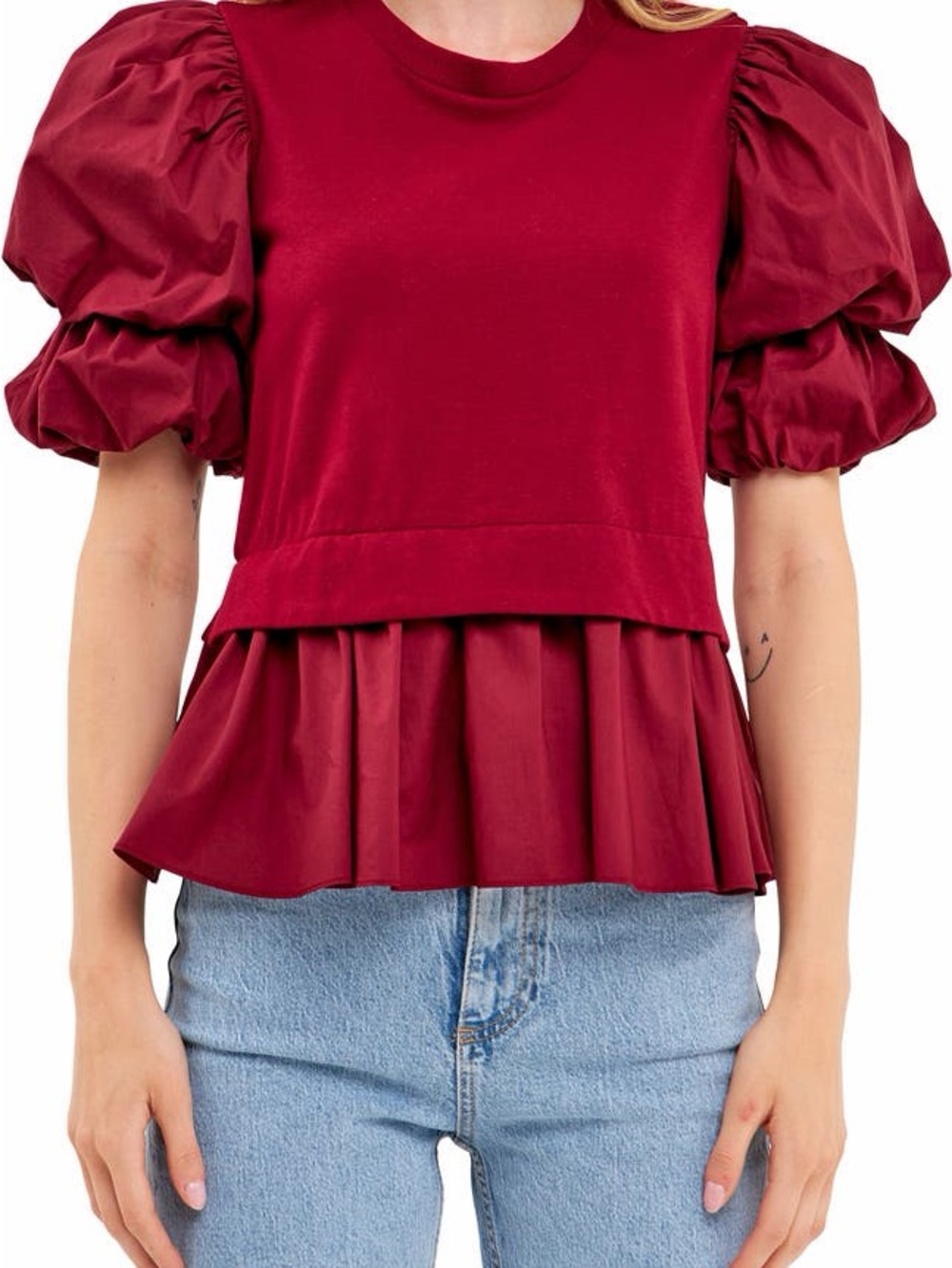 English Factory Burgundy Puff Sleeve Peplum Top | size S | Nordstrom